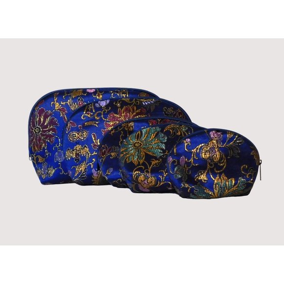 5 Floral Print Cosmetic Bags Gold Embroidery Navy Blue Multicolor Asian Inspired - Picture 1 of 4